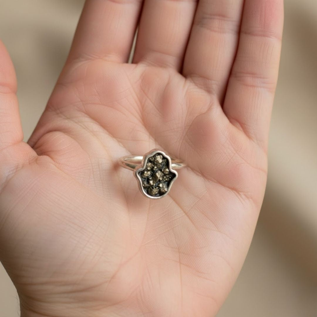 Golden Hamsa Blessing Hand Shaped Raw Pyrite Ring