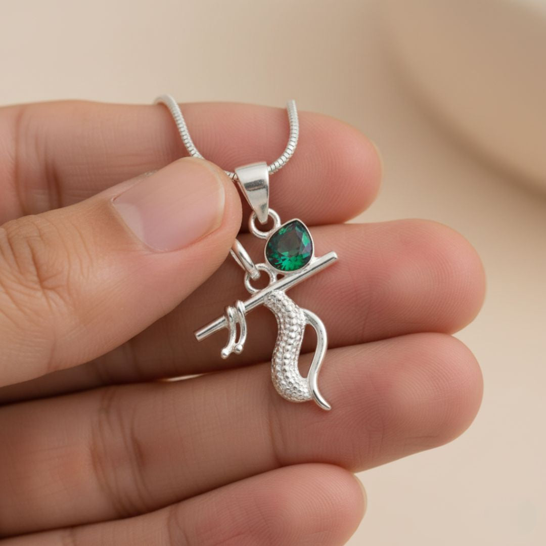 Shri Krishna Flute with Emerald Sterling Silver Pendant