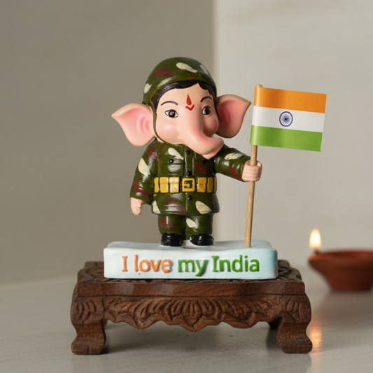 Soldier Ganesha Holding Flag of India Idol