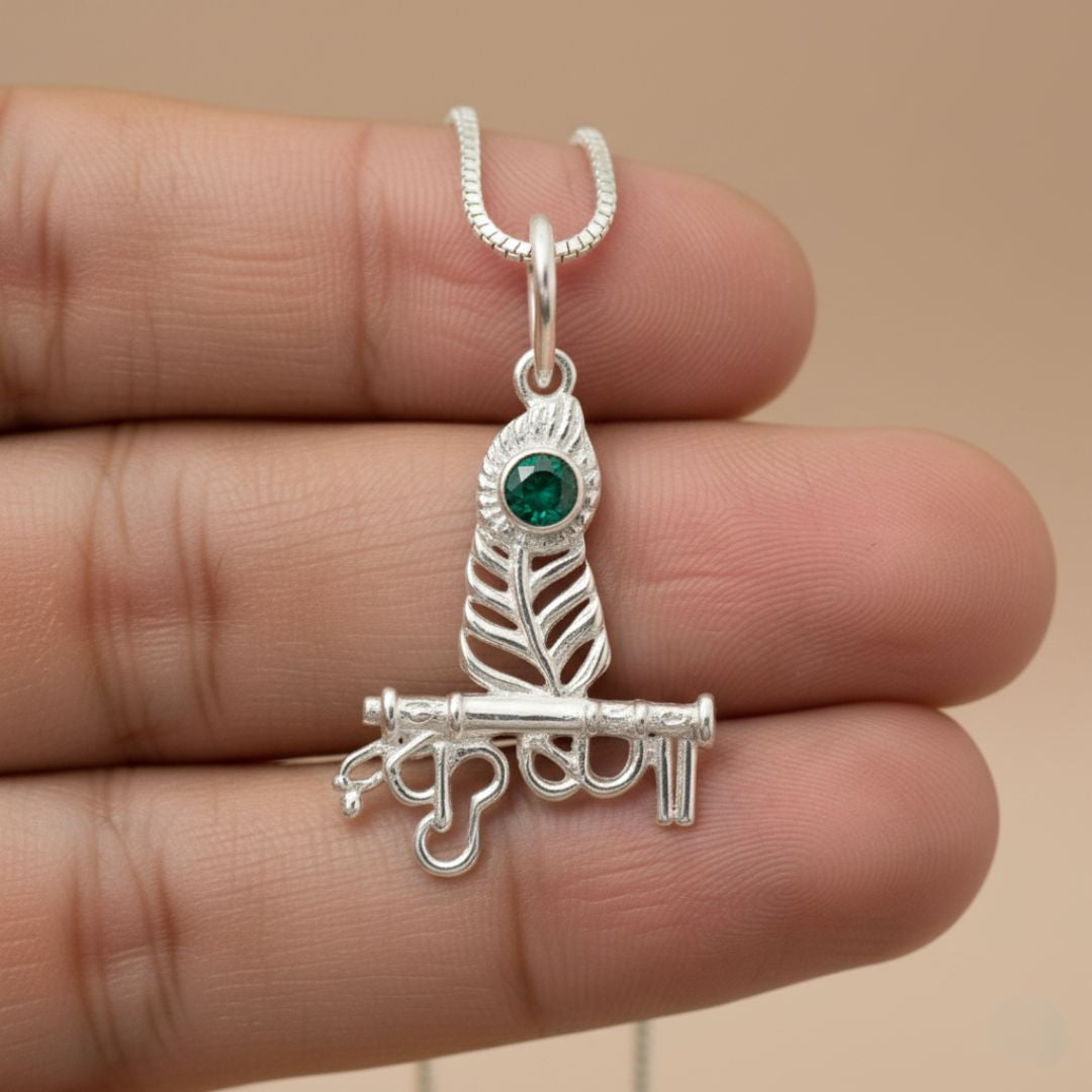 Sterling Silver Shri Krishna Pendant (Round Stone)