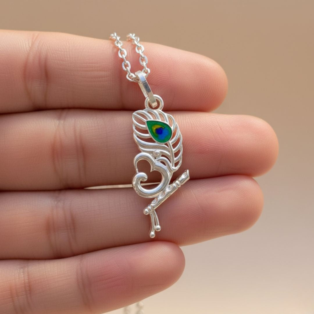 OM & Peacock Feather Sterling Silver Pendant