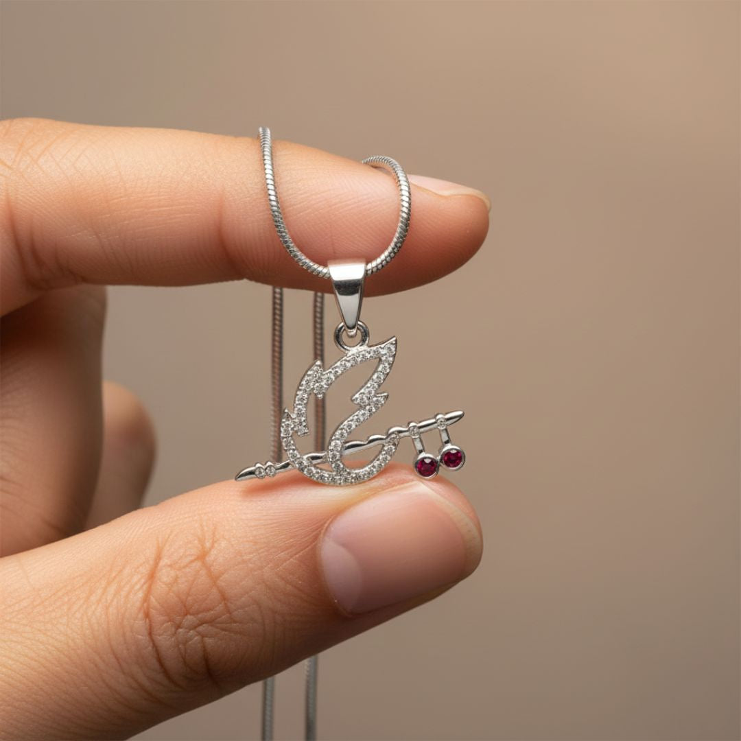 Shree Krishna Bansuri Sterling Silver Pendant (Red)