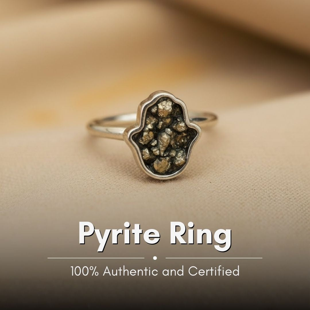 Golden Hamsa Blessing Hand Shaped Raw Pyrite Ring
