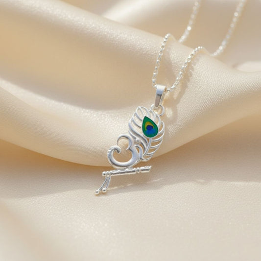 OM & Peacock Feather Sterling Silver Pendant