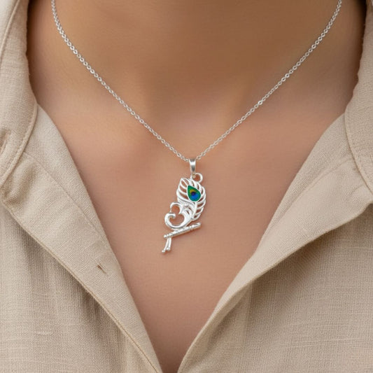 OM & Peacock Feather Sterling Silver Pendant