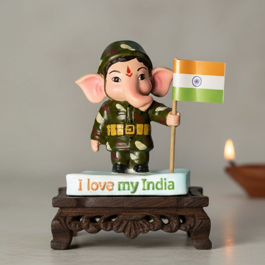 Soldier Ganesha Holding Flag of India Idol