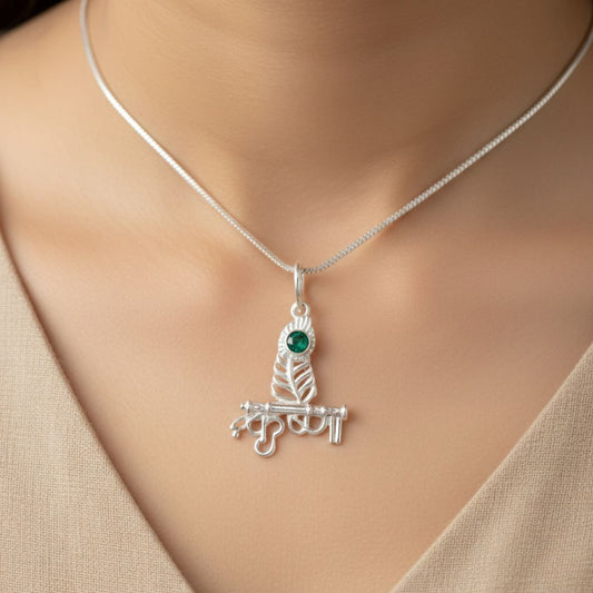 Sterling Silver Shri Krishna Pendant (Round Stone)